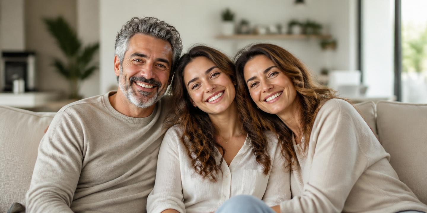 Famiglia serena nel salotto di casa, simbolo di tutela e protezione per i propri cari
